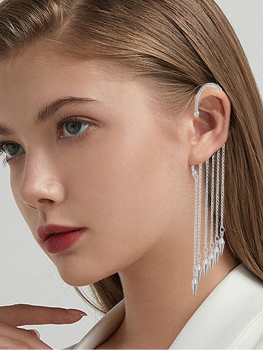 Edgy Silver Cascade Ear Cuff Earrings